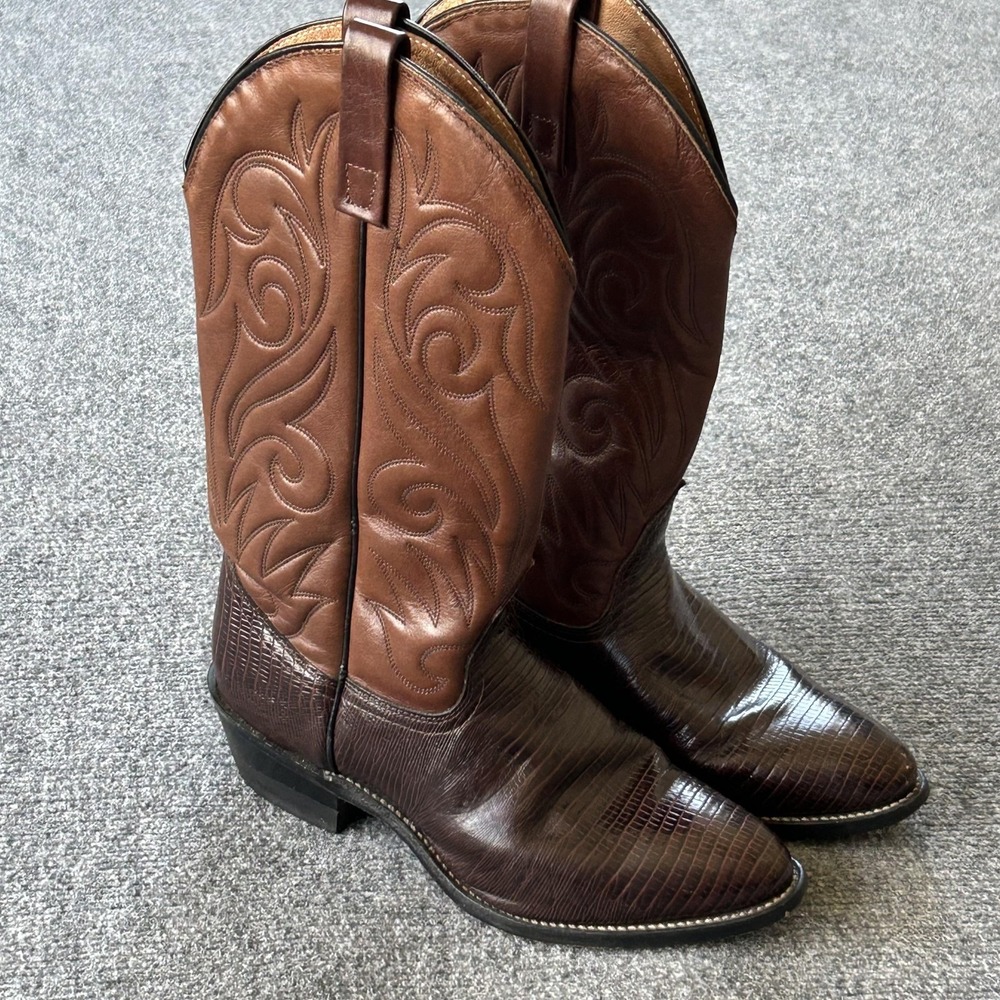 Vintage USA Made Cowboy Boots Brown Lizard‎ Print Leather Western Mens 7 D
